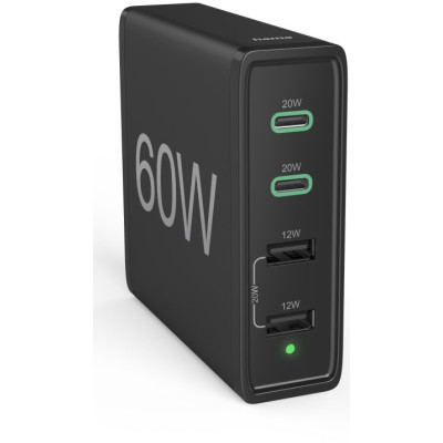 HAMA Універсальний зарядний пристрій 2 x USB-C PD/QC, 2 x USB-A, 60W Black