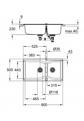 Grohe Мийка кухонна K700, граніт, прямокут., без крила, 900x500x230мм, чаша - 2, врізна, сірий граніт