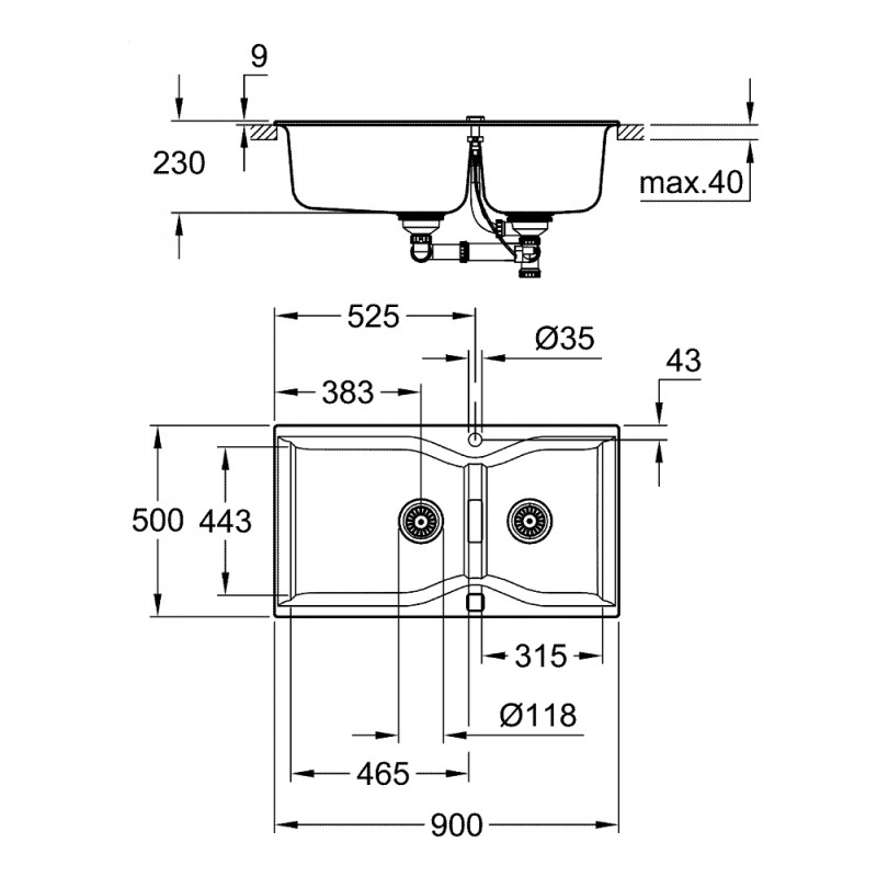 Grohe Мийка кухонна K700, граніт, прямокут., без крила, 900x500x230мм, чаша - 2, врізна, сірий граніт