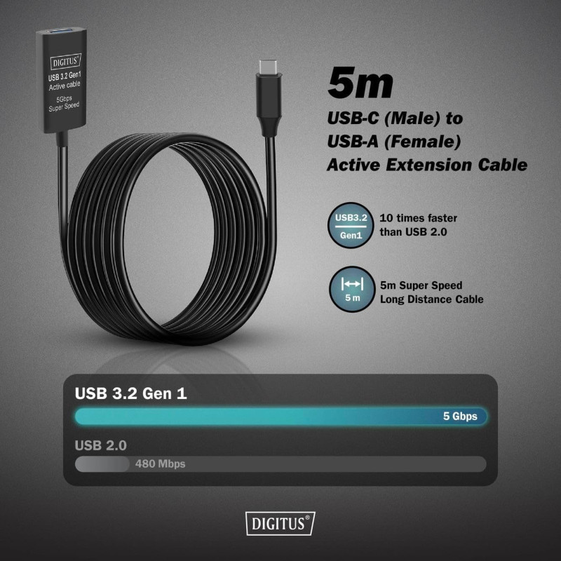 Digitus Подовжувач USB 3.2 Gen1 Active Cable 5G, C/M-A/F, 10м, чорний
