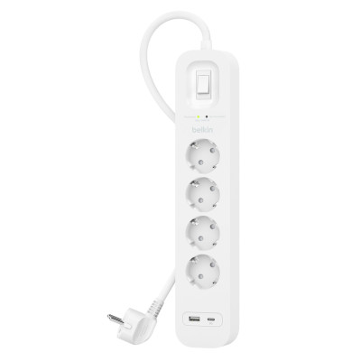 Belkin Подовжувач мережевий 2м, 4хТип, 16А, USB-A/USB-C 18Вт, фільтр, білий