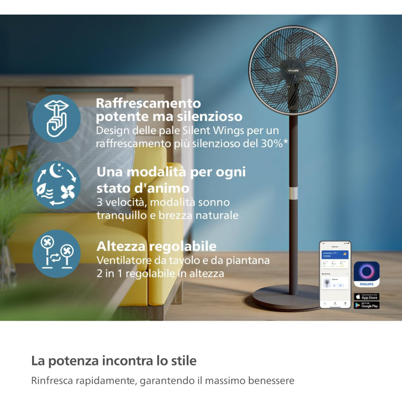 Philips Вентилятор Philips підлоговий Series 3000, 40см, 48Вт, керування через смартфон, регулювання висоти, чорний