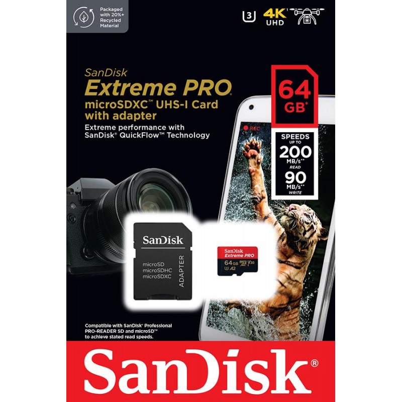 SanDisk Карта пам'яті microSD 64GB C10 UHS-I U3 R200/W90MB/s Extreme Pro V30 + SD
