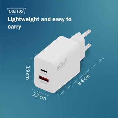 Digitus Зарядний пристрій GaN 1хUSB-C, 1хUSB-A, 30W