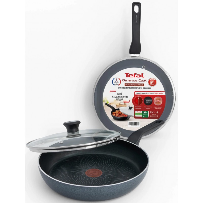 Tefal Сковорода з кришкою Generous Cook, 24см, алюміній, бакеліт, скло, чорний