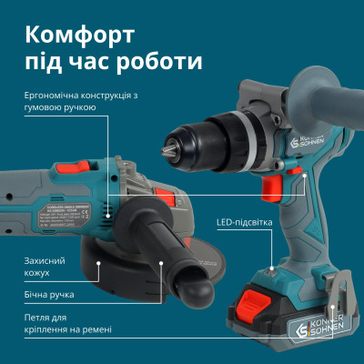 Könner & Söhnen Набір із двох акумуляторних інструментів KS IDAGB 20V SET 1 PLUS 20В шурупокрут-дриль ударний, шліфмашина кутова KS AGB20V-125VR, ЗП 2.4А акб 1х2А·год+1х4А·год кейс 8.1кг