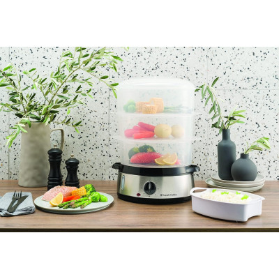Russell Hobbs Пароварка Cook&Home 800Вт, чаша-3/3/3л, резервуар для води -1л, механічне керування, 3 яруси, метал/пластик, чорний
