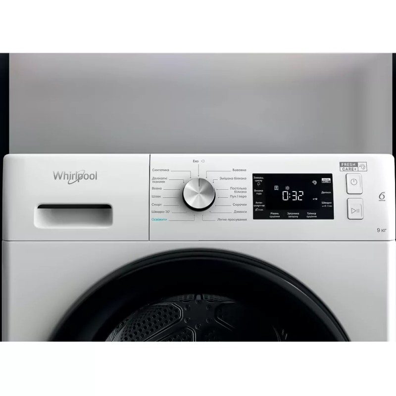 Whirlpool Сушильна машина тепловий насос, 9кг, A++, 65см, дисплей, люк чорний, білий