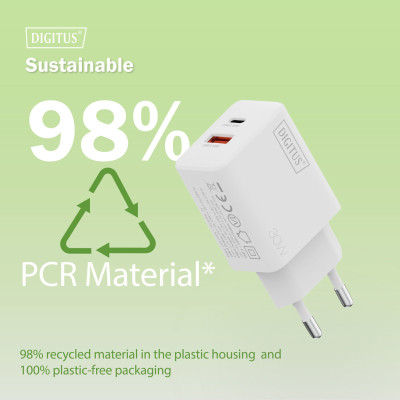 Digitus Зарядний пристрій GaN 1хUSB-C, 1хUSB-A, 30W