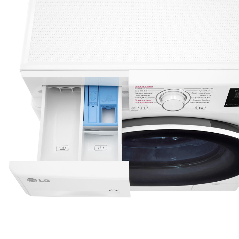 LG Пральна машина фронтальна, 10,5кг, 1400, A+++, 57см, дисплей, пара, інвертор, білий