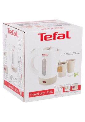 Tefal Електрочайник Travel-o-city 0.5л, Strix, пластик, в комплекті 2 склянки + 2 ложки, біло-бежевий