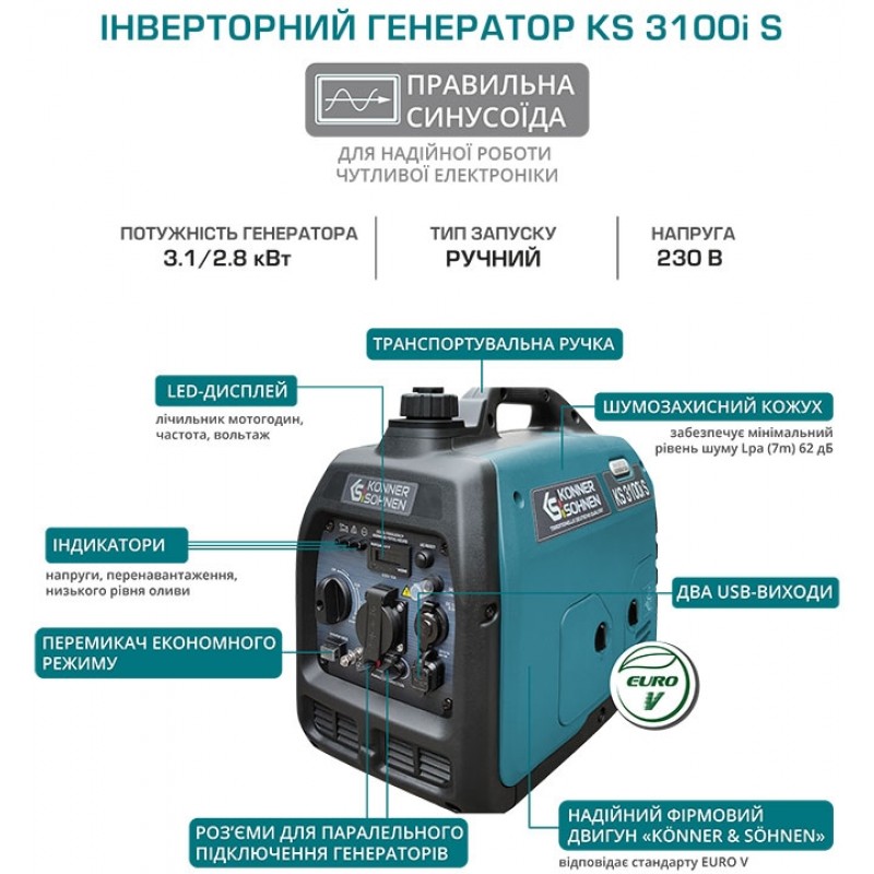 Könner & Söhnen Генератор бензиновий інверторний KS 3100i S, 230В, 3.1кВт, ручний тартер, 21.5кг