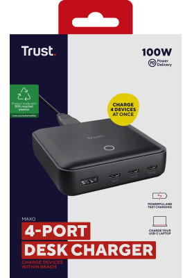 Trust Зарядне пристрій мережевий Maxo 100Вт, 3xUSB-C/USB-A ,PD, чорний