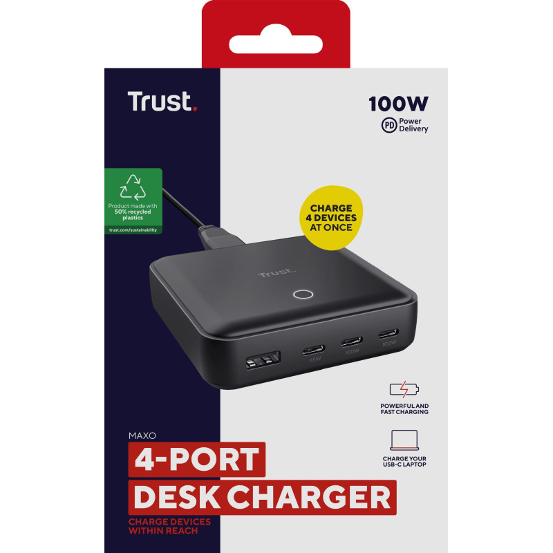 Trust Зарядний пристрій мережевий Maxo 100Вт, 3xUSB-C/USB-A ,PD, чорний