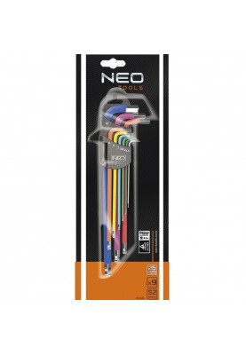 Neo Tools Ключі шестигранні, набір 9шт, кулястий наконечник, кольорові, сталь S2, 1.5-10мм