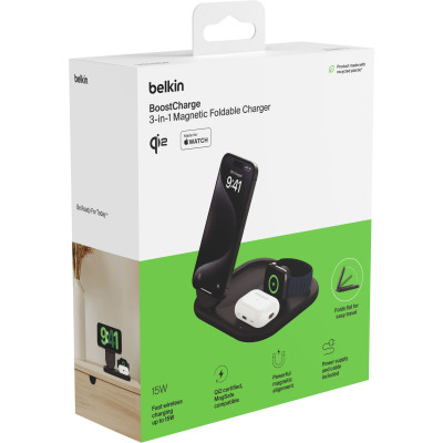 Belkin Зарядний пристрій бездротовий 3в1 Magnetic Foldable iPhone/Watch/AirPods, Qi2 15Вт, чорний