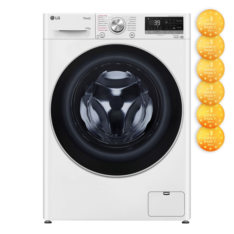 LG Прально-сушильна машина фронтальна, 9(6)кг, 1400, А, 56см, дисплей, пара, інвертор, білий