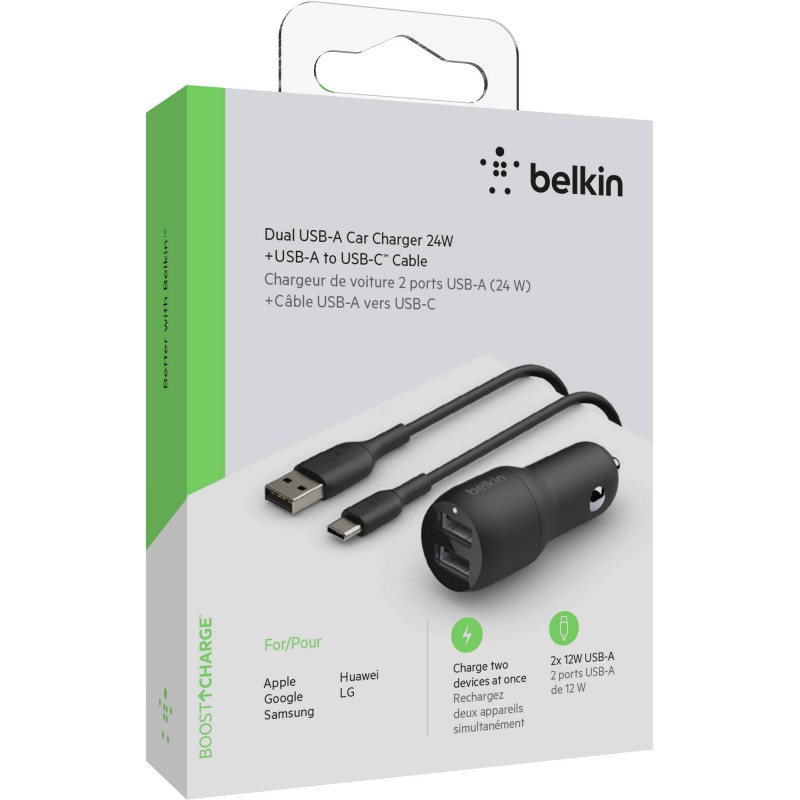 Belkin Автомобільний ЗП Car Charger (24W) Dual USB-A, USB-A - USB-C, 1m, black