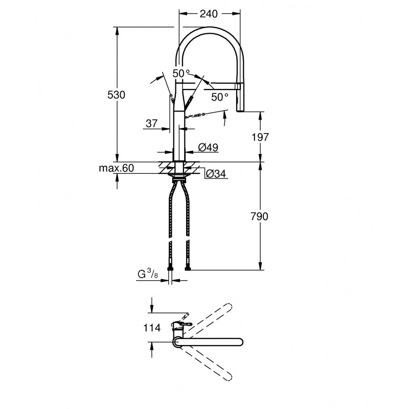 Grohe Змішувач для кухні Essence, довж.виливу - 240мм, поворотний/гнучкий, 1важіль, графіт