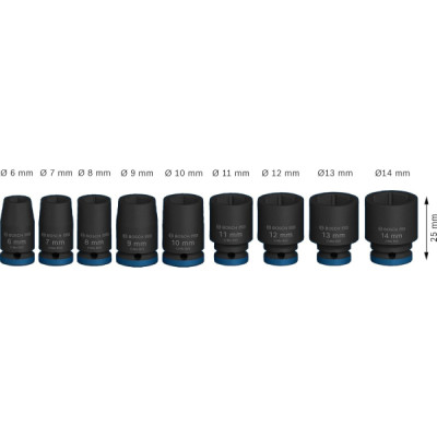 Bosch Набір ударних торцевих головок Professional Standart 9шт 1/4" 25мм