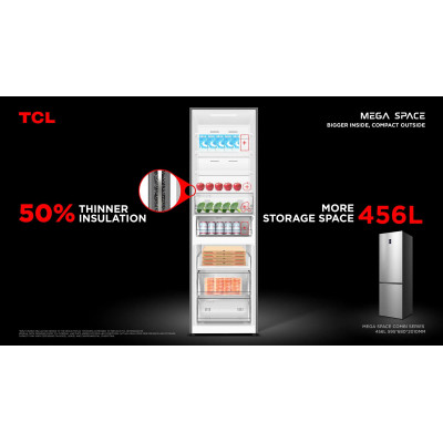 TCL ref with bottom freezer, 201x60x68, ref-314l, freez.-142l, 2doors, E, NF, inv, дисплей ext, fresh zone, variable zone, inox TCL ref with bottom freezer, 201x60x68, ref-314l, freez.-142l, 2doors, E, NF, inv, дисплей ext, fresh zone, variable zone, inox
