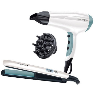 Remington Фен+випрямляч набір Shine Therapy, 2300Вт, 3 режими, дифузор, щипці для волосся (150-230 ° С, кераміка), біло-блакитний