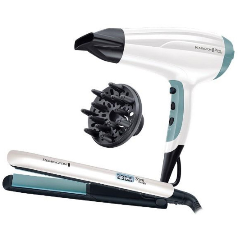 Remington Фен+випрямляч набір Shine Therapy, 2300Вт, 3 режими, дифузор,щипці для волосся(150-230°С,кераміка), біло-блакитний