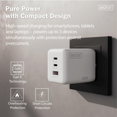 Digitus Зарядний пристрій GaN 2хUSB-C, 1хUSB-A, 100W