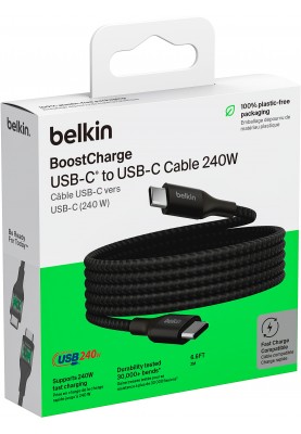 Belkin Кабель USB-C > USB-C заряджання/синхронізації 2м, 240Вт, Type-C, плетений, чорний