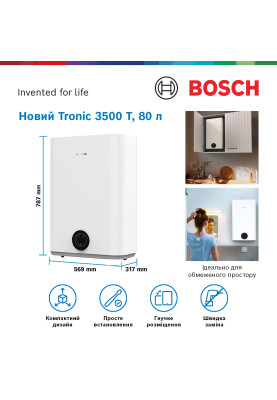 Bosch Водонагрівач електр. плоский слім Tronic 3500, 80л, 1.5кВт, ун. монтаж, електр. кер-ня, B, білий