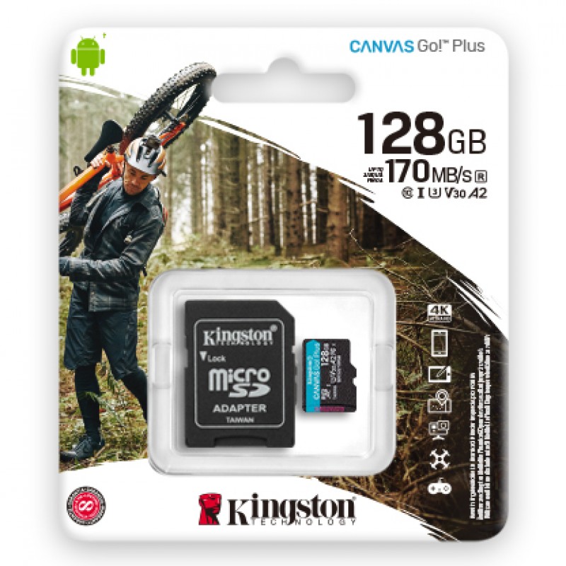 Kingston Canvas Go! Plus microSD[Карта пам'яті microSD 128GB C10 UHS-I U3 A2 R170/W90MB/s + SD]