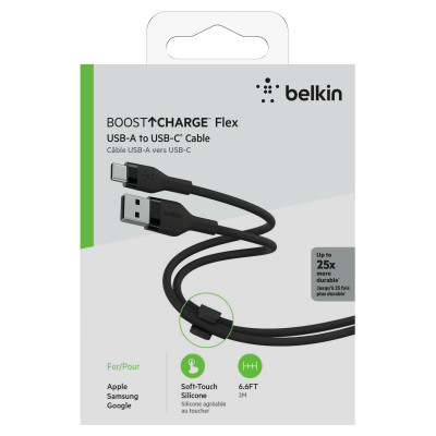 Belkin Кабель USB-A - USB-C силіконовий, з кліпсою, 2м, чорний