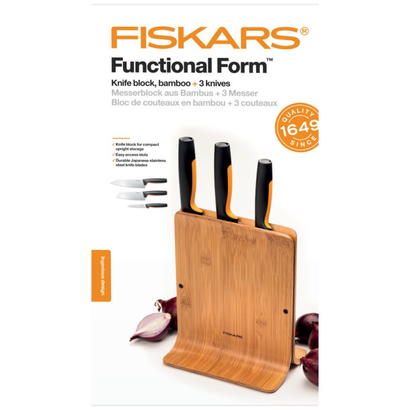 Fiskars Набір ножів Functional Form з бамбуковою підставкою, 3 шт