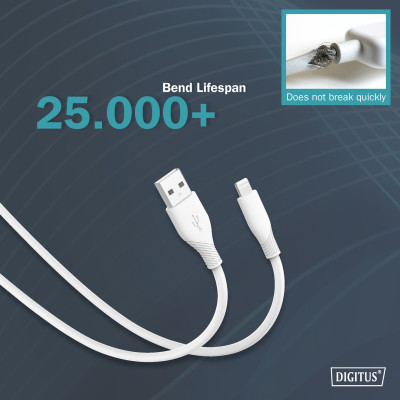 Digitus USB-A > Lightning заряджання/синхронізації, 2м, USB 2.0, 12W, силіконовий, білий