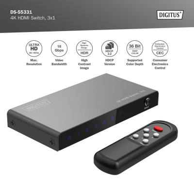 Digitus Відеокомутатор UHD HDMI (INx3 - OUTx1), 4K Digitus Відеокомутатор UHD HDMI (INx3 - OUTx1), 4K