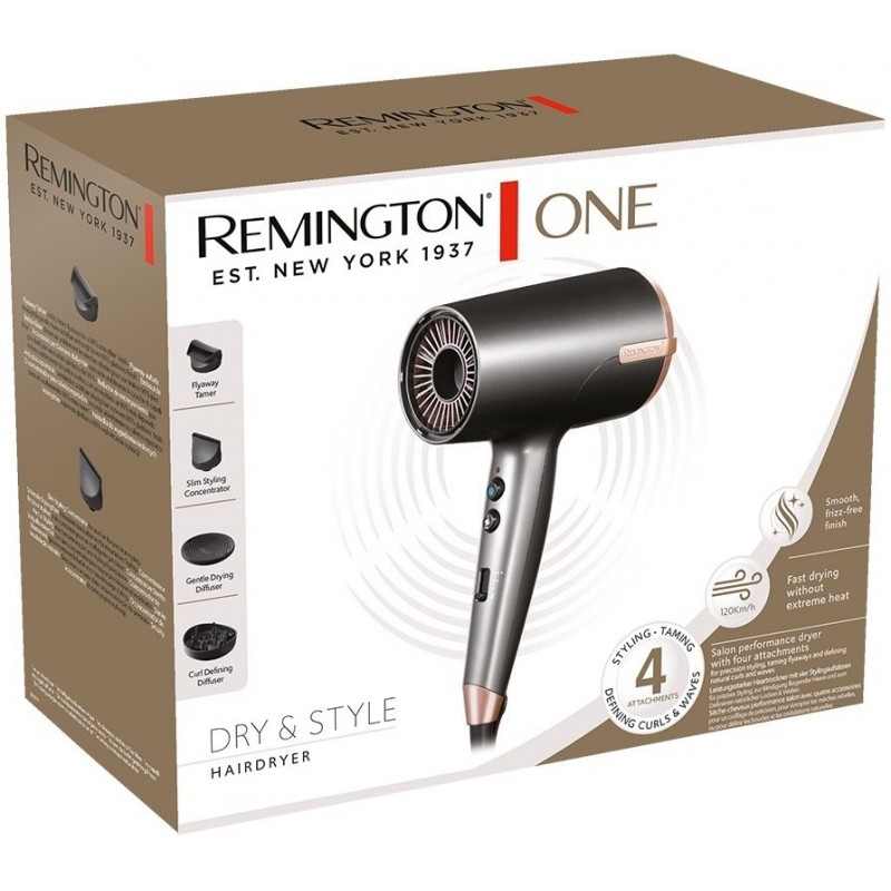 Remington Фен ONE, 2000Вт, 8 режимів, дифузор,чохол,іоніз-я, хол. обдув, термо-сенсор, сірий