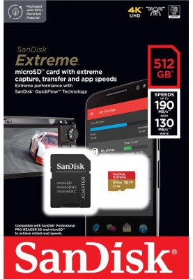 SanDisk Карта пам'яті microSD 512GB C10 UHS-I U3 R190/W130MB/s Extreme V30 + SD