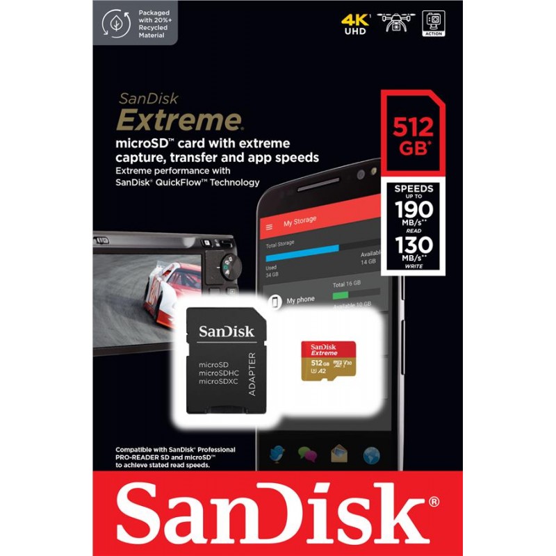 SanDisk Карта пам'яті microSD 512GB C10 UHS-I U3 R190/W130MB/s Extreme V30 + SD