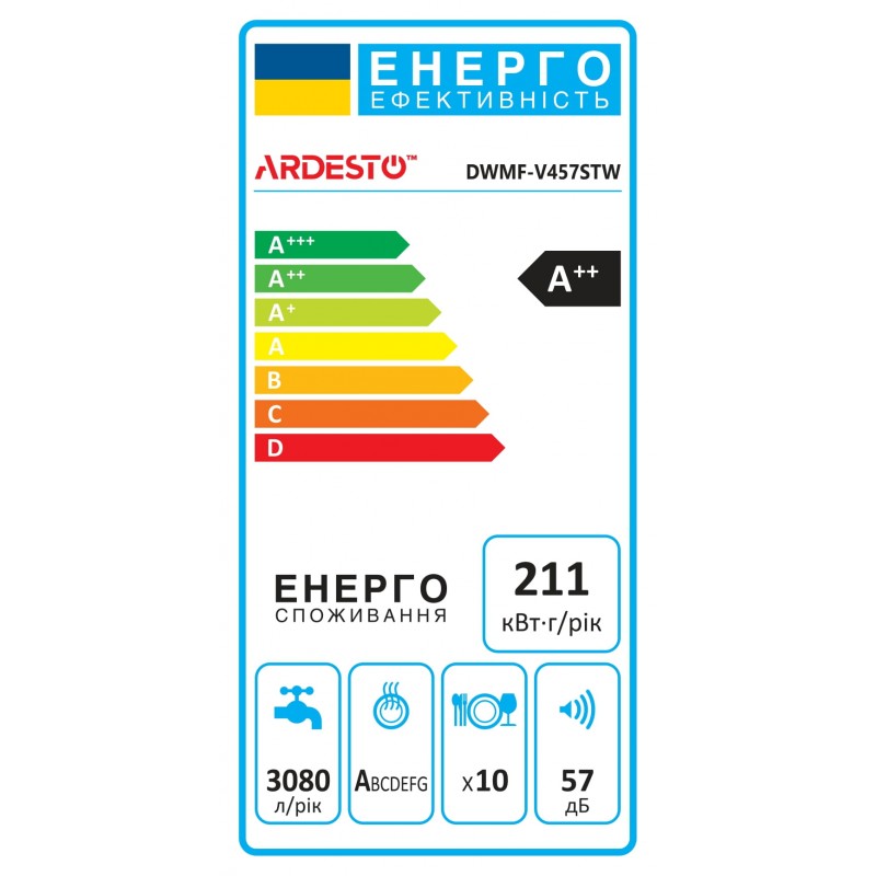 ARDESTO Посудомийна машина, 10компл., А++, 45см, дисплей, обробка парою, білий