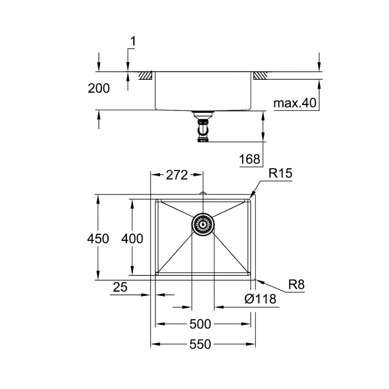 Grohe Мийка кухонна K700U, нерж.сталь, прямокут., без крила, 550x450x200мм, чаша - 1, уніврсальна, матовий теплий захід сонця