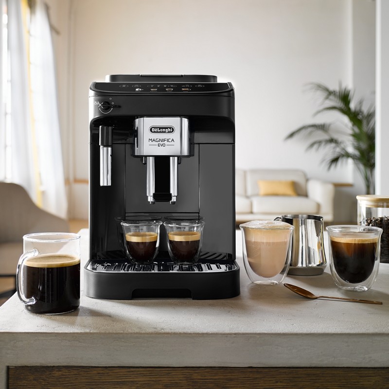 Delonghi Кавомашина Magnifica Evo, 1.8л, зерно+мелена, ручний капуч, дисплей, авторецептів -4, чорний