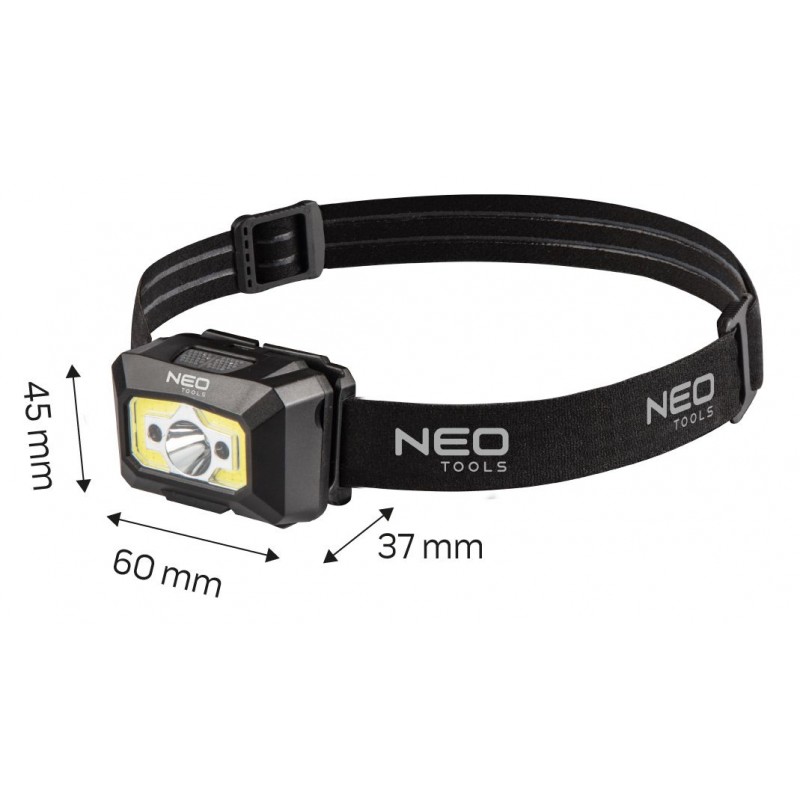 Neo Tools Ліхтар налобний акумуляторний, 1200мАг, 250лм, 3Вт, 5 функцій освітлення, червоне світло, датчик руху, індикатор заряду