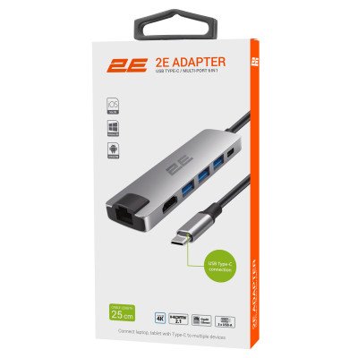 2E Хаб USB-С > 2хUSB-A 2.0/USB-A 3.0/USB-C PD/HDMI/Ethernet, 0.15м, сірий