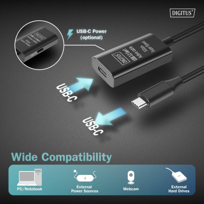 Digitus Подовжувач USB 3.2 Gen1 Active Cable 5G, C/M-C/F, 10м, чорний