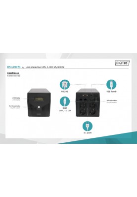 Digitus ДБЖ Line-Interactive, 1000VA/600W, LCD, 4xSchuko, RJ45, RS232, USB