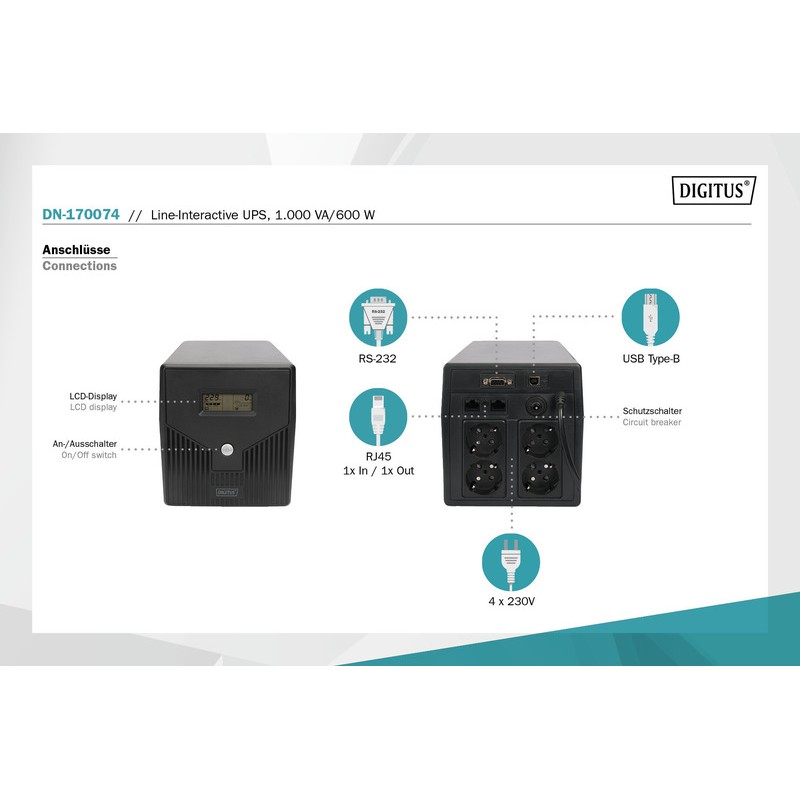 Digitus ДБЖ Line-Interactive, 1000VA/600W, LCD, 4xSchuko, RJ45, RS232, USB