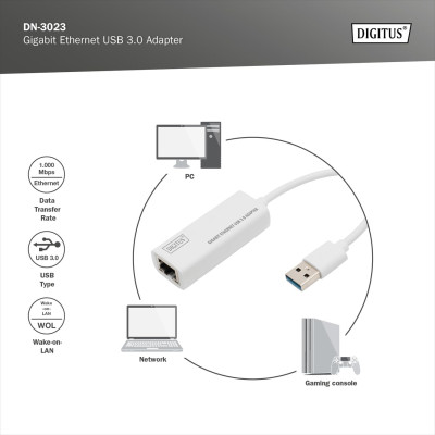 Digitus Адаптер USB 3.0 to Gigabit Ethernet, білий Digitus Адаптер USB 3.0 to Gigabit Ethernet, білий