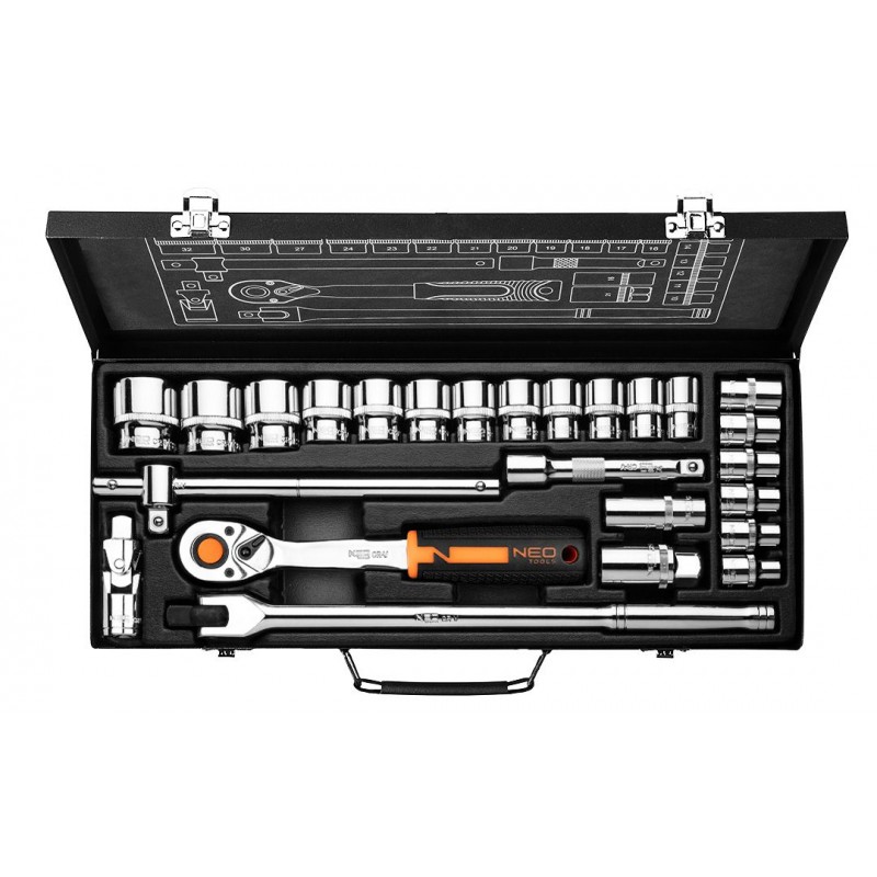 Neo Tools Набір інструментів, Набір торцевих головок, 25шт, 1/2", CrV, металевий кейс