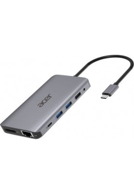 Acer Хаб USB-С > 2xUSB-A3.2/2xUSB-A2.0/SD/TF/2xHDMI/1xDP/1xRJ45/mini-jack, 0.15м, сірий