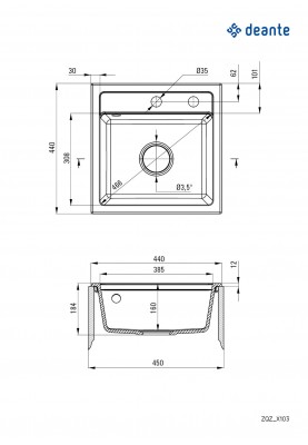 Deante Мийка кухонна Zorba, граніт, квадрат, без крила, 440х440х184мм, чаша - 1, накладна, графіт